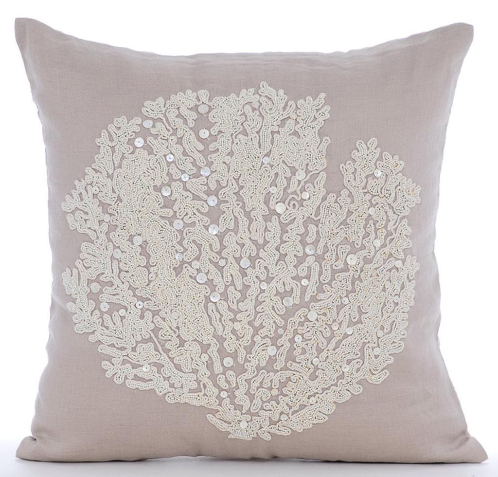 The HomeCentric Mocha Throw Pillow Cover Beaded Sea Creatures Weeds Sea Creatures Ocean Beach Pillow CoverFloral Mediterranean Linen - Pearl Weeds
