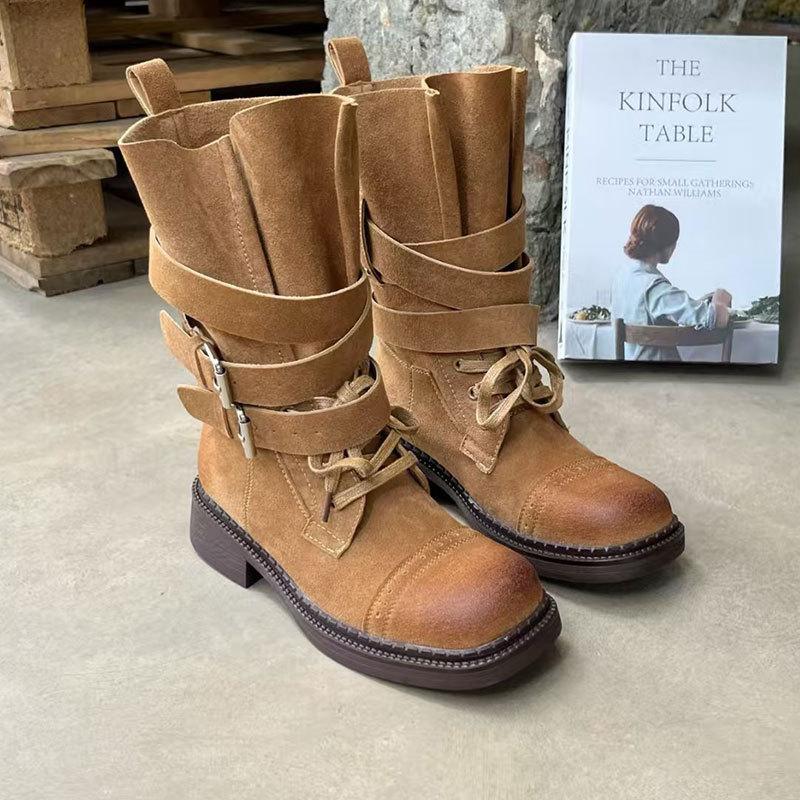 

2026 autumn new velvet thick-soled belt buckle Martin boots women ins British style retro old medium boots boots 40 хакі
