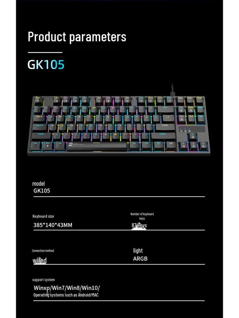 GK105 87-Key Wired Mechanical Keyboard, ARGB Backlit, Red Switch, Anti-Ghosting, Universal for Gamers and Laptops.