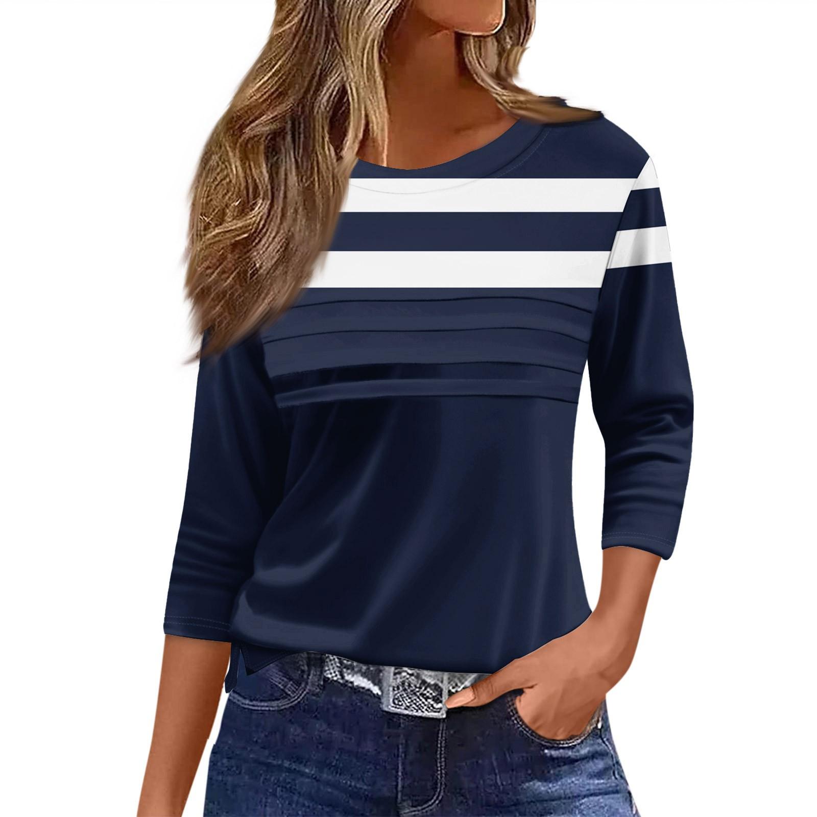 

Женская мода повседневный свободный топ с рукавом 3/4 в полоску с круглым вырезом S тёмно-синий