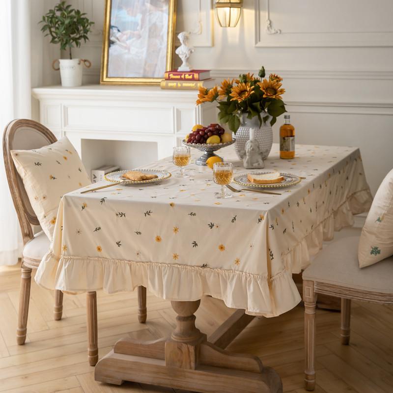 Cotton Cream Embroidery Flower Lotus Leaf Skirt Coffee Table Tablecloth Round Dining Table Cloth