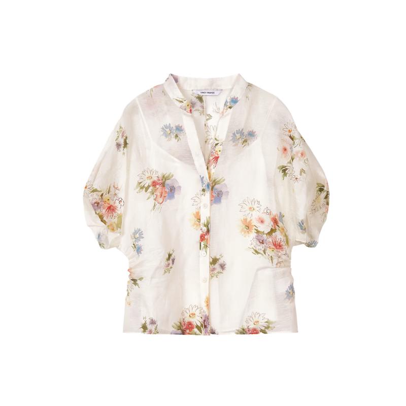 LANCY Women s Resort Style Printed Mulberry Silk Blend Short-Sleeve Shirt S