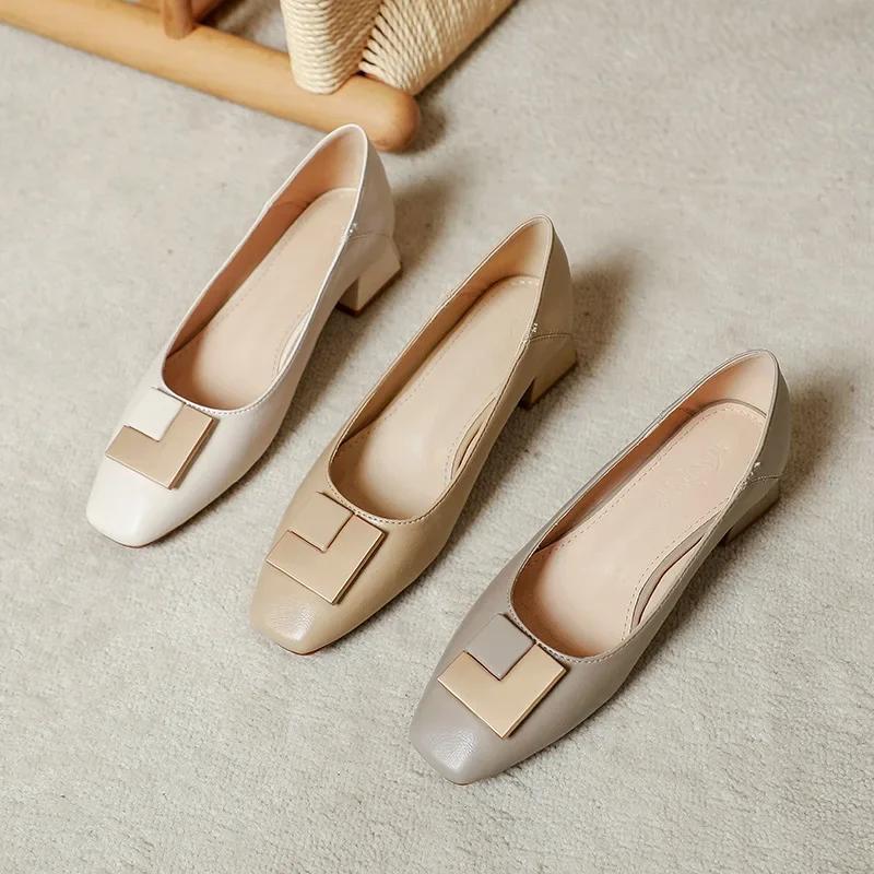 Fashion Medium Heel Single Shoes Women's Thick Heel Temperament Spring 2025 New Shallow French Soft Leather Square Head Shoes