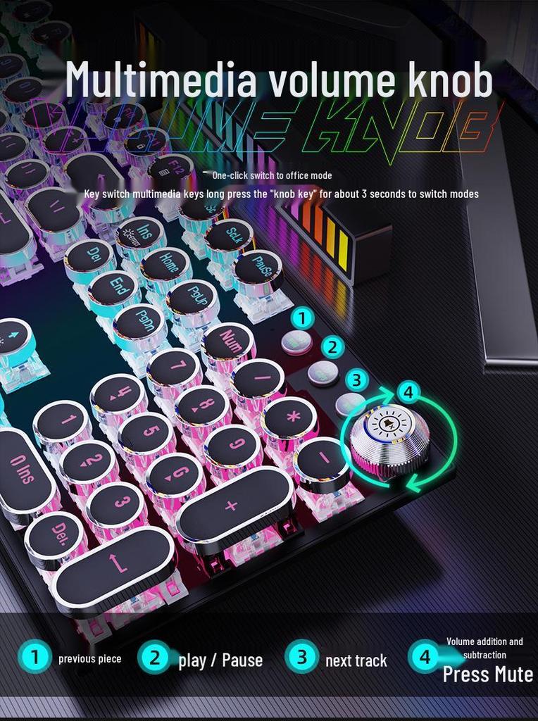 104-Key Wireless RGB Retro Punk Mechanical Keyboard with Electroplated Knob for Gaming & Office Use.