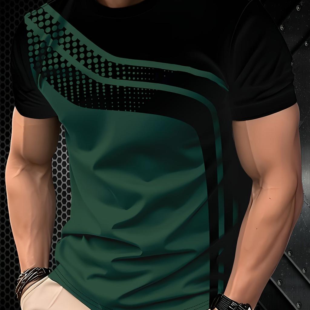 T-shirt Traspirante da Uomo a Maniche Corte in Poliestere - T-shirt alla Moda con Stampa Digitale a Righe Nere e Grigie - Traspirante