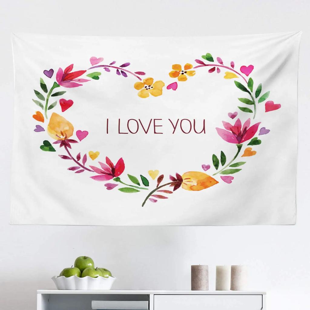 Love Tapestry Floral Love Romantic Shape Heart Tapestry Valentines Day Flowers Wall Hanging Decor for Bedroom Living Room Dorm