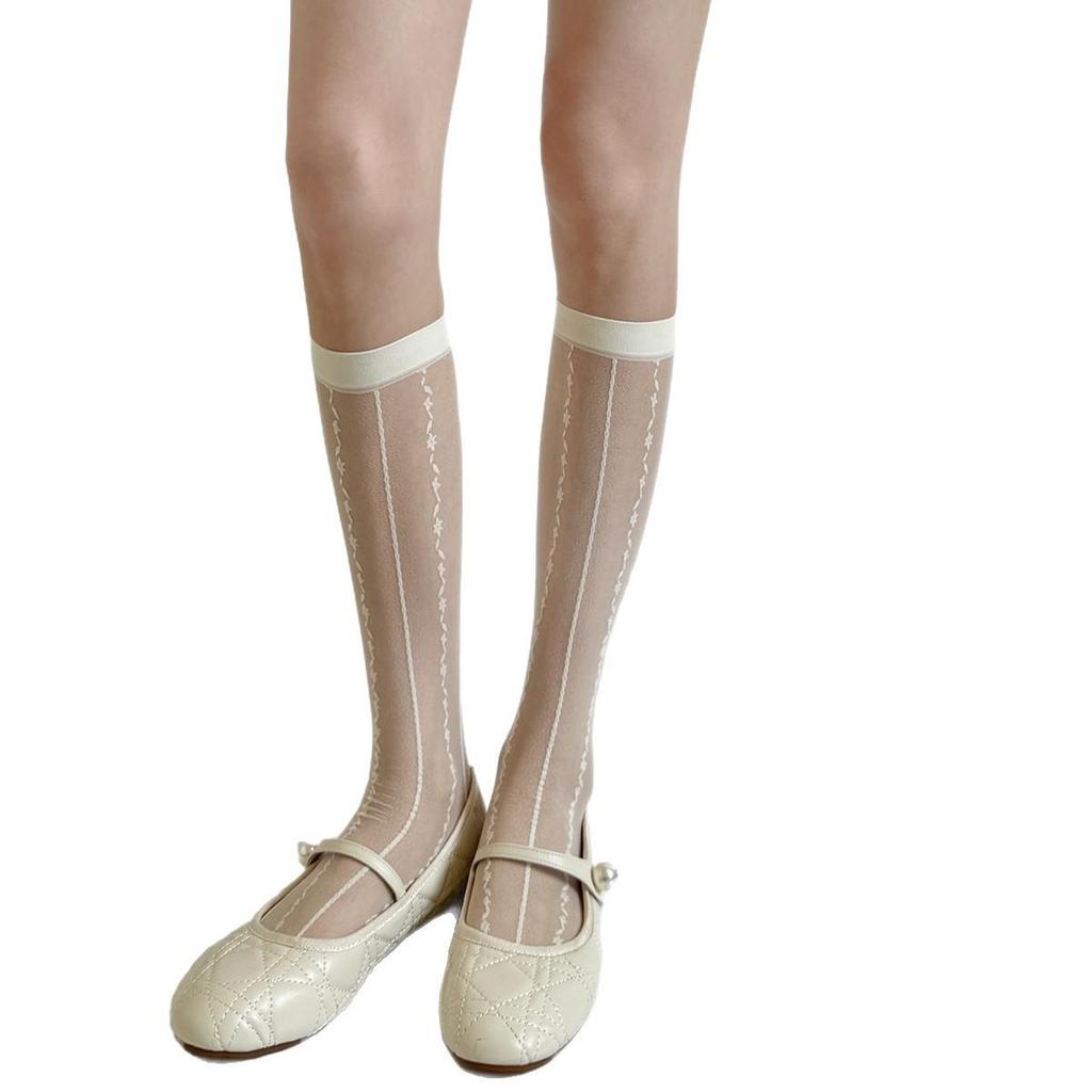 French Pure Desire Vertical Stripe Floral Jacquard Silk Stockings - Spring/Summer, Thin Light Gray, High-End Lace Calf Socks