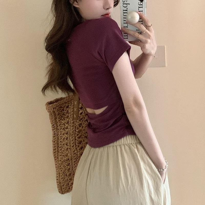 Design-sensing Back Hollow Slim Short-sleeved T-shirt for Women In Summer Korean Style Slim Backless Base Shirt Top for Women