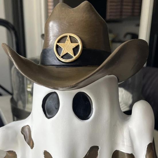 Ghost Cowboy Figurine Halloween Ghost Wearing Cowboy Hat Boots Decoration Desktop Ghost Statue for Mantel Cabinet Bookshelf