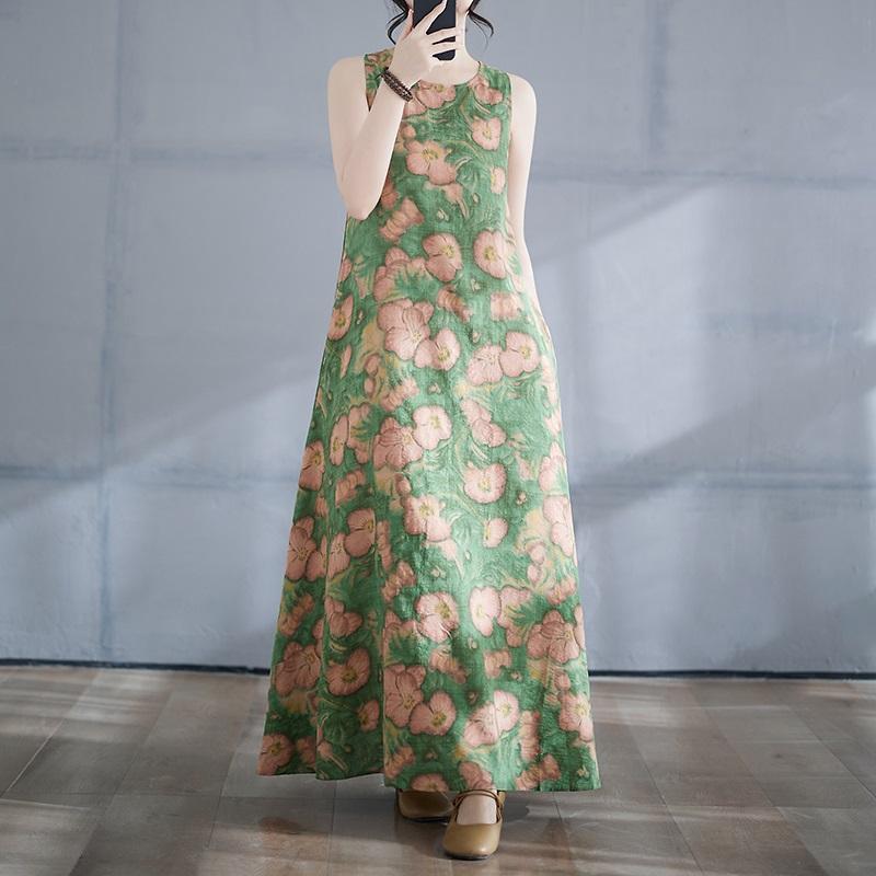 Ärmelloses Plus-Size-Baumwolle-Vintage-Blumenmuster, neue Kleider für Damen, lässig, locker, langes Sommerkleid