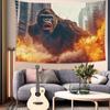 Angry Orangutan Wall Art Tapestry  Peach Light Beige Fabric Horizontal Wall Hanging with Vibrant Flames  Cityscape Design