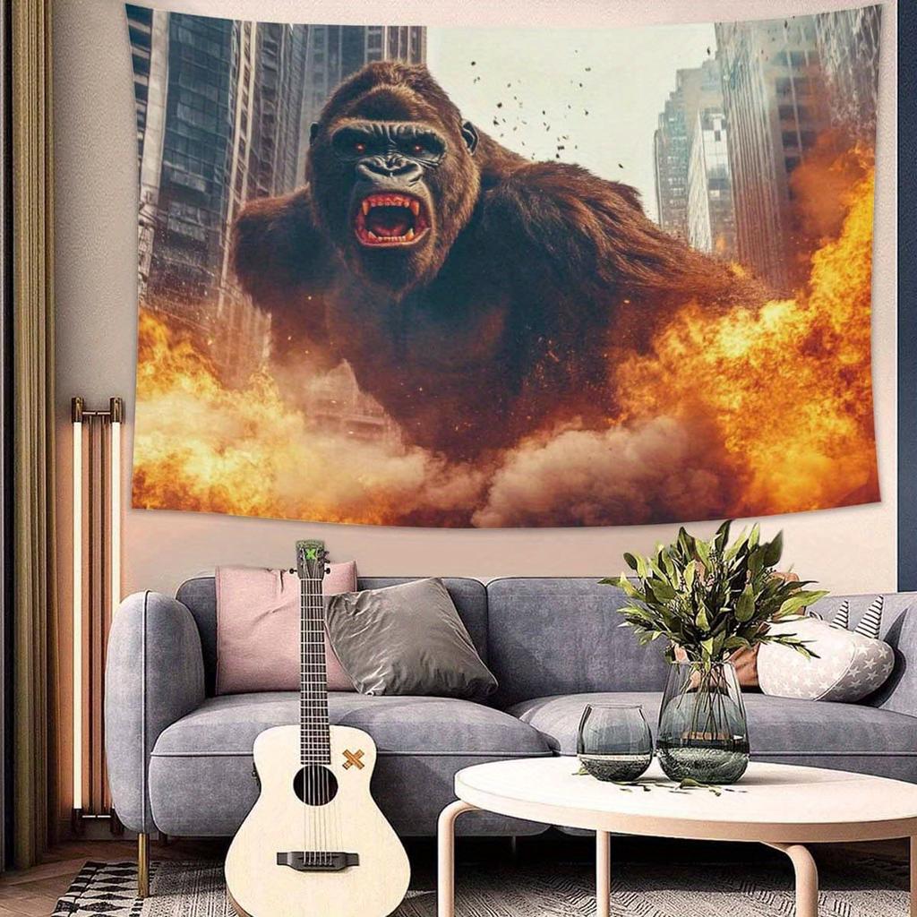 Angry Orangutan Wall Art Tapestry Peach Light Beige Fabric Horizontal Wall Hanging with Vibrant Flames Cityscape Design