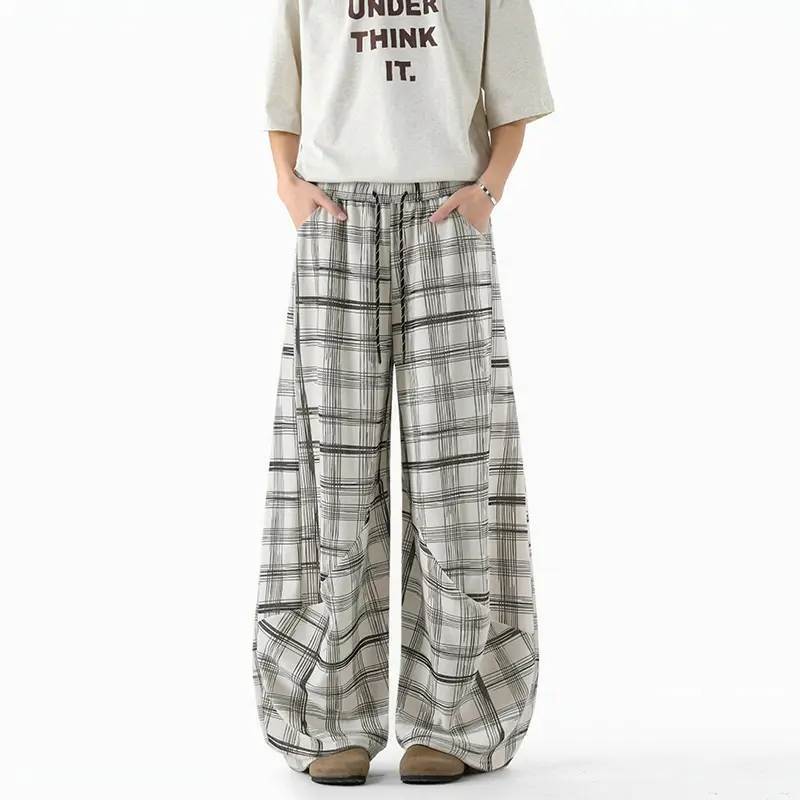 New pants casual pants men's sports plaid striped straight legs long black gray plaid drawstring plaid trousers