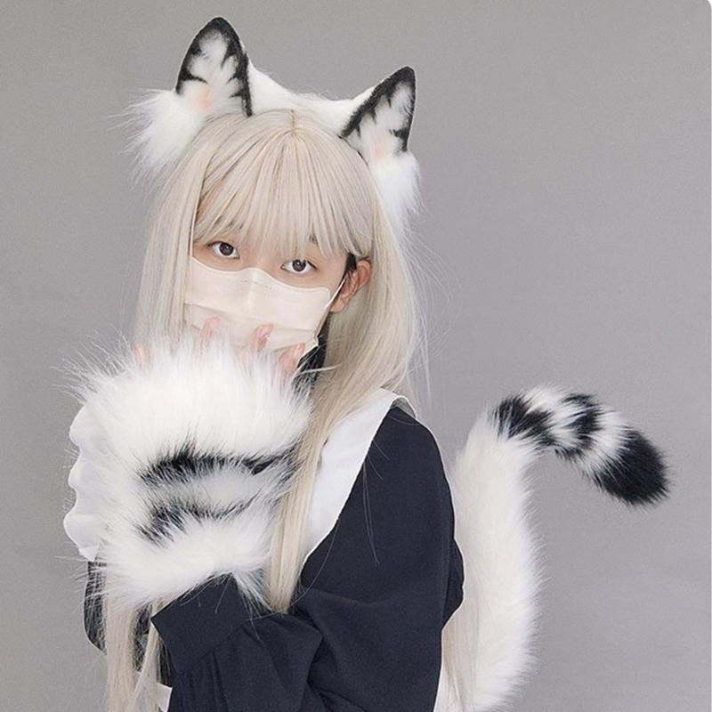 Cute Anime Beast Tail Cat Ear Headband Paw Gloves Set Lovely-Fox Tail Themed Party Costume Cosplay Props for Festivals