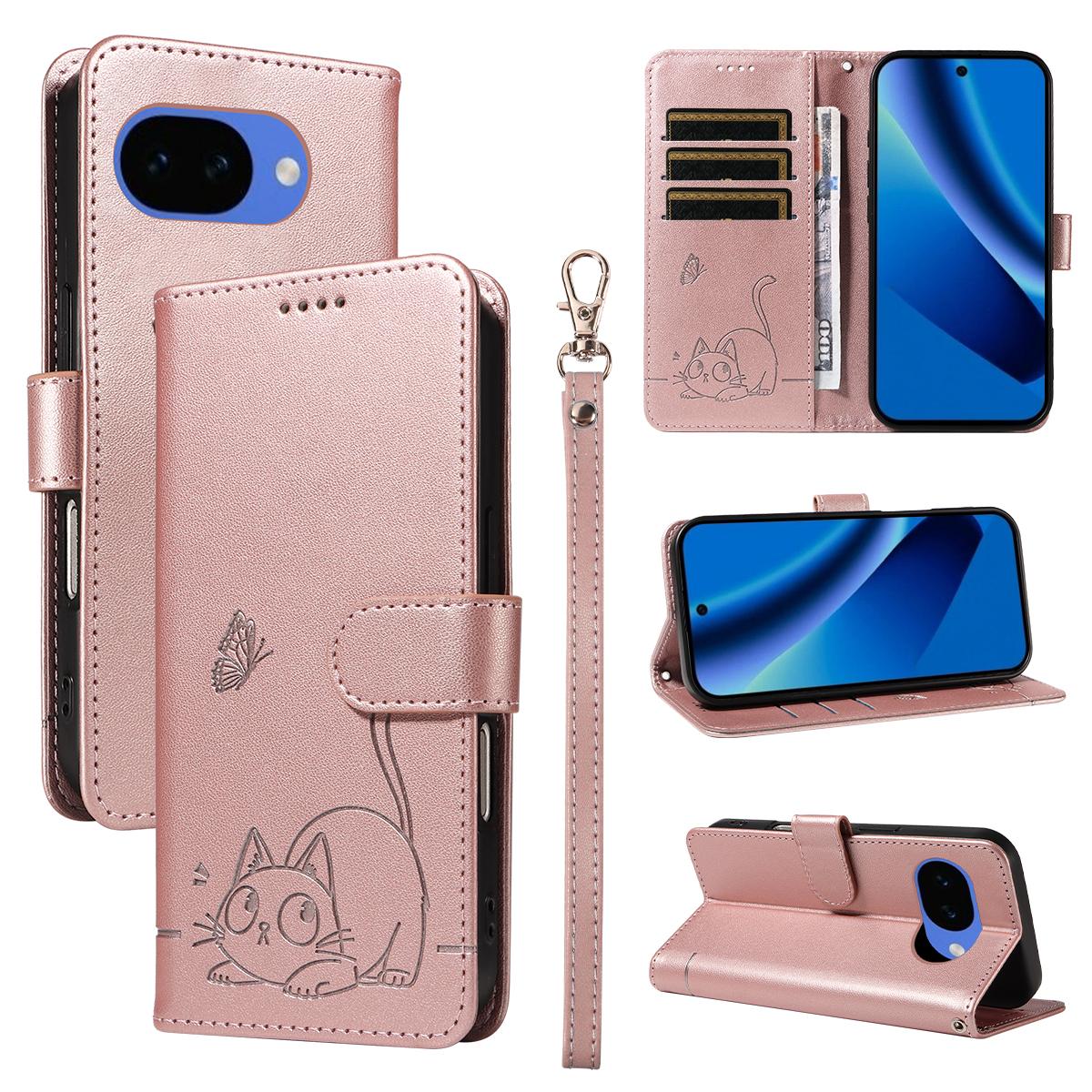 For Google Pixel 10a Case Cat Pattern Imprint Leather Phone Cover with Wrist Strap
