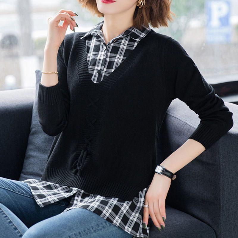 New Spring and Autumn Fashion Korean Edition Spliced Fake Two Piece Shirt Collar Top Loose and Versatile Women's Knitted Sweater