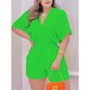 Solid V Neck Romper, Elegant Short Sleeve Shirred Waist Jumpsuit For Spring & Summer, Women's Clothing