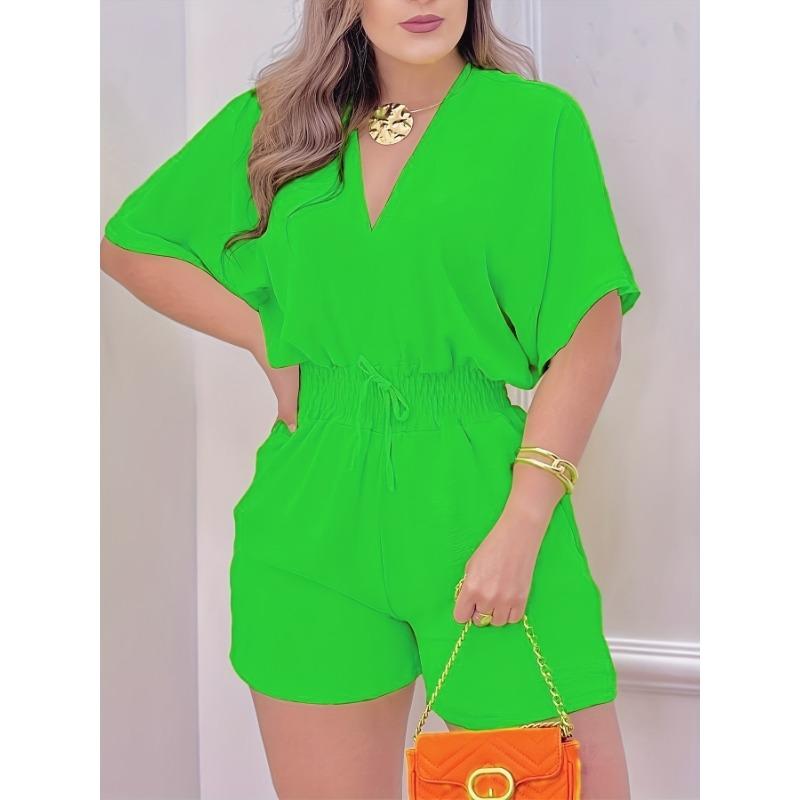 Solid V Neck Romper, Elegant Short Sleeve Shirred Waist Jumpsuit For Spring & Summer, Women's Clothing