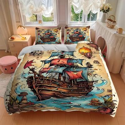 3pcs Pirate Ship Adventure Bedding Set - Includes One Quilt Cover and Two Pillowcases (No Core) - Perfect for Home Decor, Festive Gifts, Polyester Fab