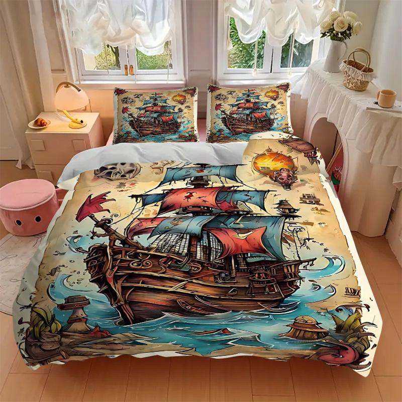 3pcs Pirate Ship Adventure Bedding Set - Includes One Quilt Cover and Two Pillowcases (No Core) - Perfect for Home Decor, Festive Gifts, Polyester Fab