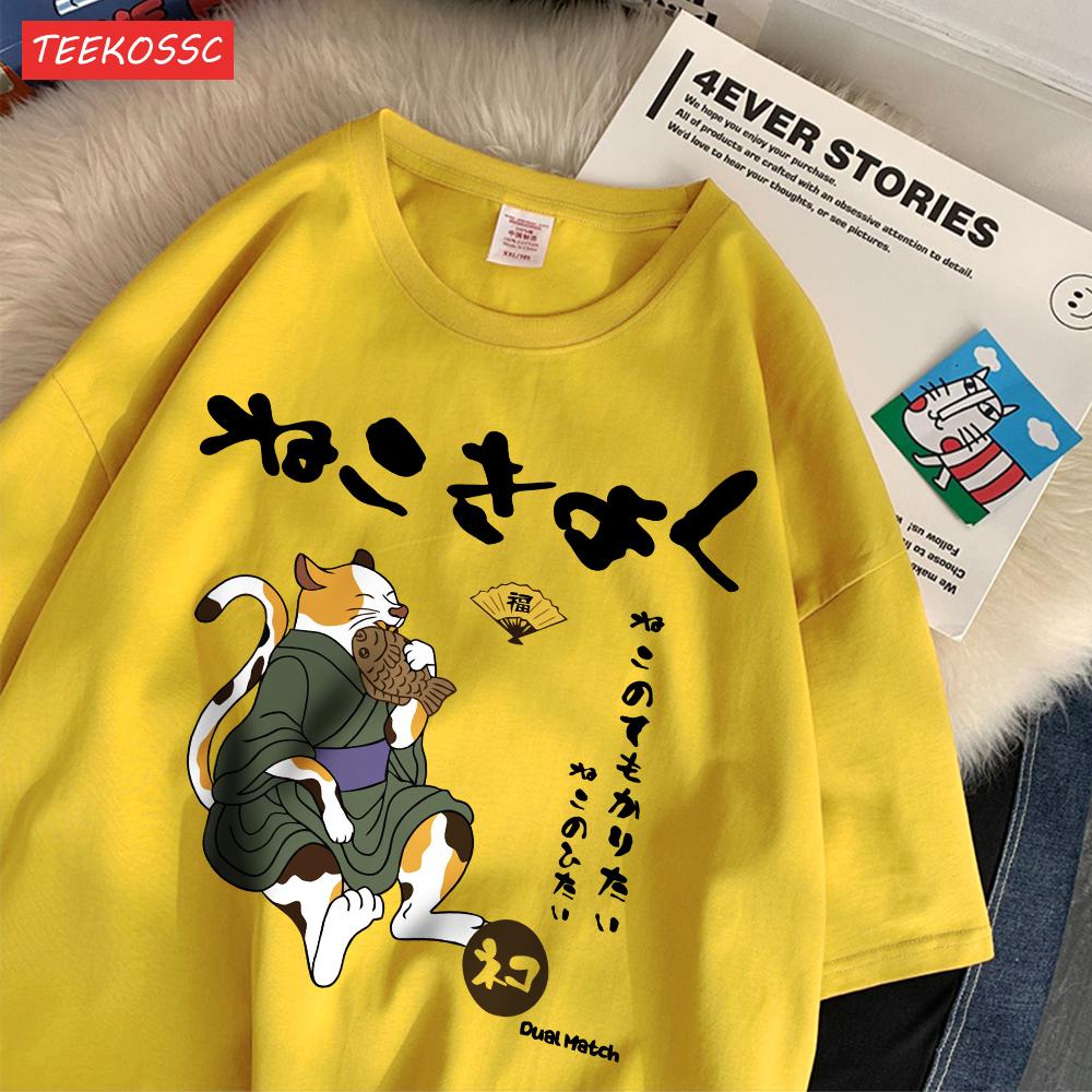 Casual Cotton WomenS TShirts Japanese Retro Fun Cats Printing Tees ONeck Loose Soft Short Sleeve Summer Street Female Clothes