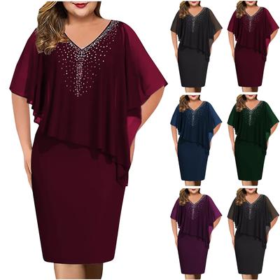 Abito da donna taglie forti con scollo a V sovrapposto asimmetrico sui glutei Abito in chiffon con paillettes(S-5XL)
