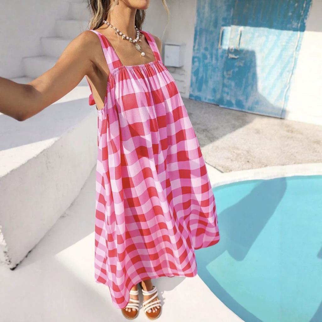 2026 Summer European and American New Plaid Long Skirt Beach Vacation Casual Vest Dress