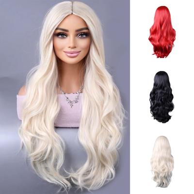 Women Long Curly Wig Middle Part Natural Looking Heat Resistant High Temperature Fiber Black Red White Wavy Synthetic Hair