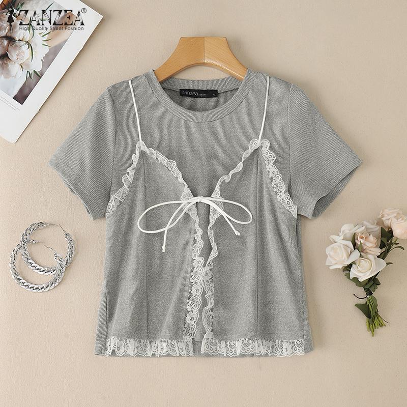 ZANZEA Women Casual Round Neck Short Sleeve Lace Splice Fake Two Piece Splice T-Shirts