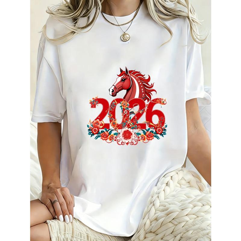 Oversized T Shirt Black Horse 2026 Chinese New Year Floral Design Casual Wear For Women