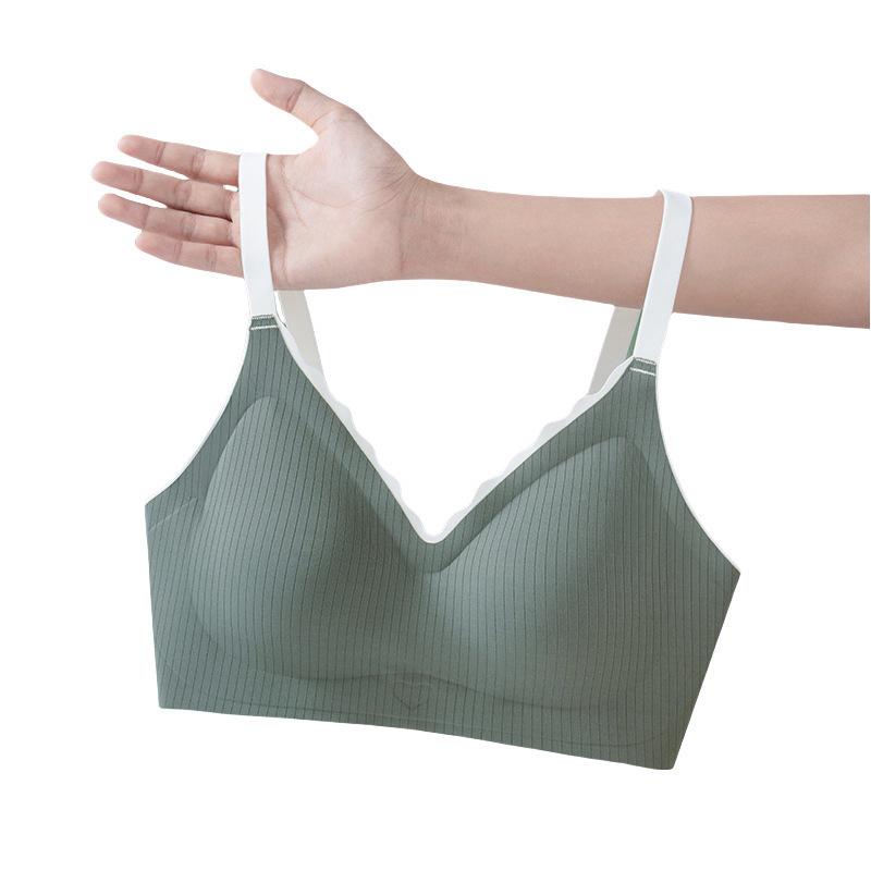 Green Ribbed Wireless Bra with White Trim Adjustable Straps Comfortable Everyday Lingerie M серый