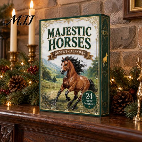 Collectible Holiday Ornaments Black Horse & Elephant Advent Calendar, 24 Acrylic 2D Festive Home Decorations Ornament Set, Christmas Tree Hanging