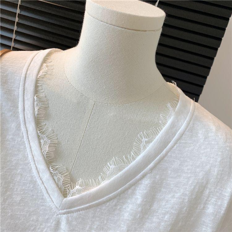 Women's Korean Style Snowflake Cotton V-Neck Lace Patchwork Short-Sleeve Loose Summer Tee