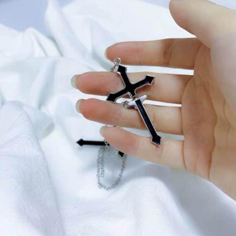 Punk Black Cross Drop Earrings For Teens Vintage Rock Pride Long Chain
