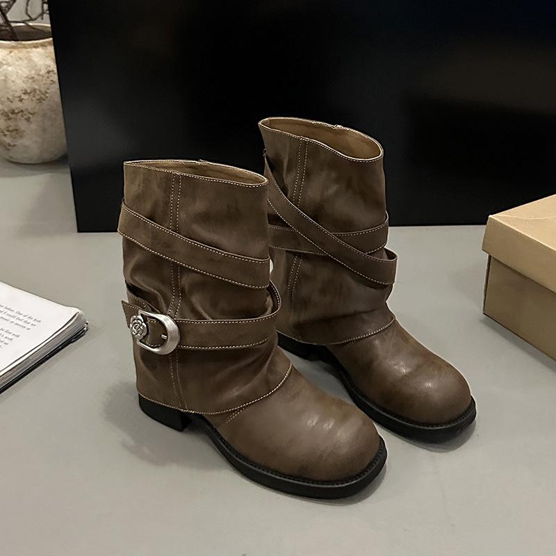 Vintage Pleated Pile Boots Pants Tube Boots Women's Autumn and Winter New Spice Girl Knight Boots Mid-tube Western Cowboy Boots