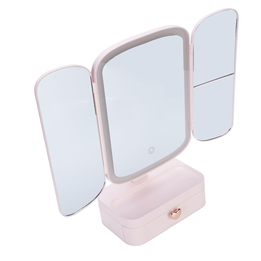 Desktop Lighted Makeup Mirror with Organizer 3 Color Temperature Dimming USB Rechargeable LED Light 