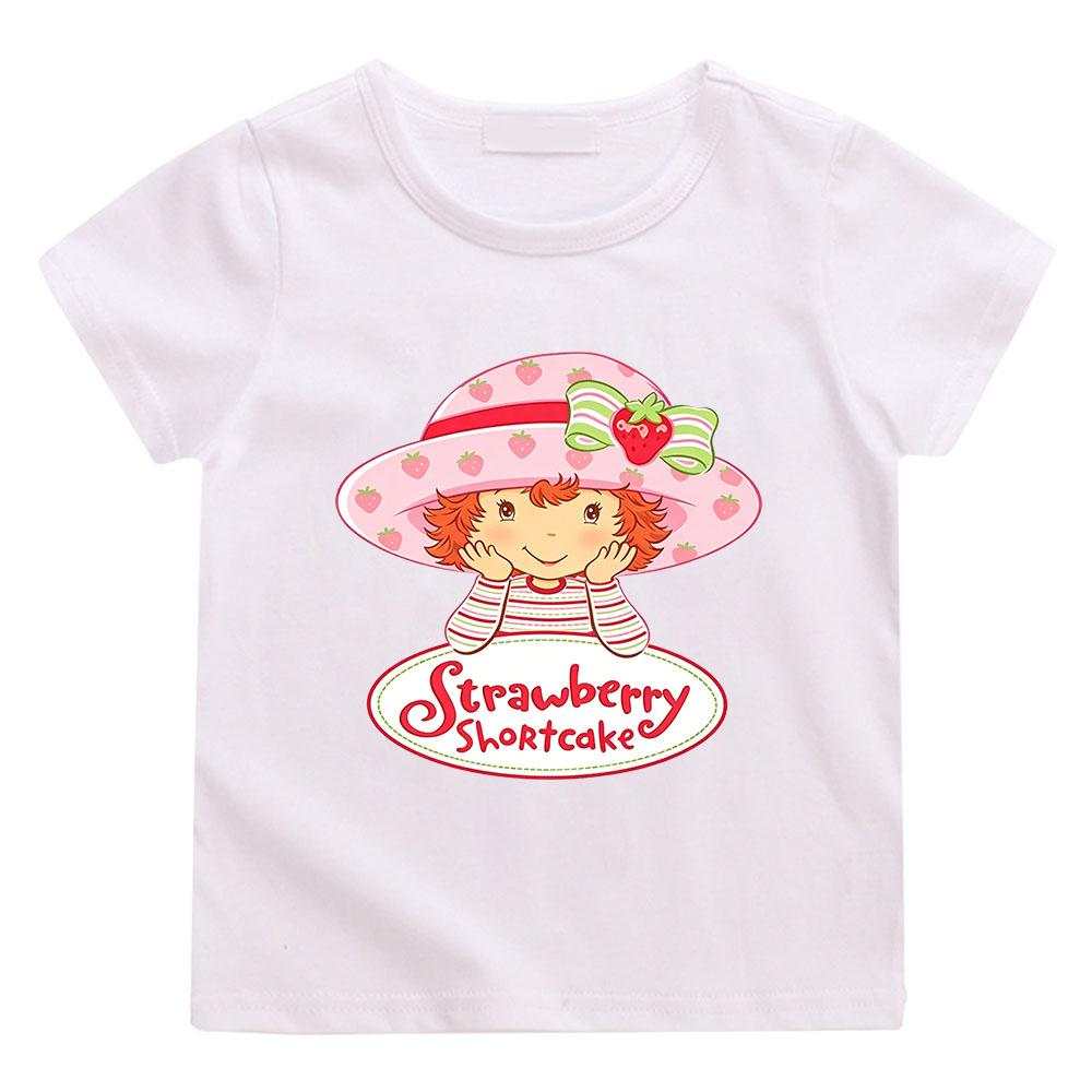 Cute Strawberry Shortcake T-Shirt for Children Retro Cartoon Print Tees Cotton 100% Short Sleeved Casual O-Neck Kids Tops Summer