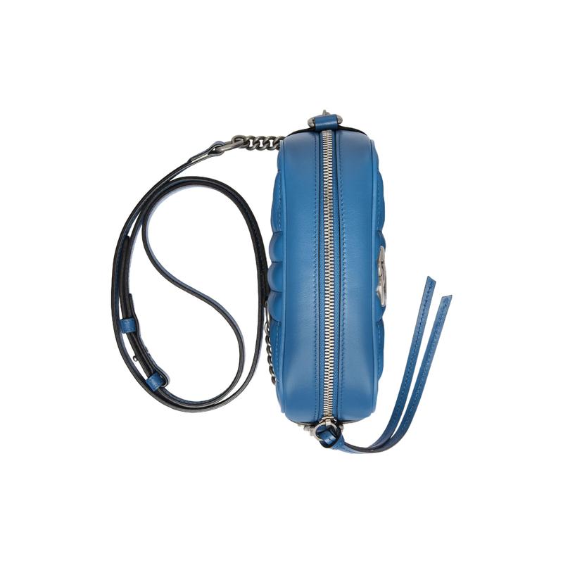 Gucci GG Marmont distressed Marmont silver logo vertical stripe twill quilted chain leather camera bag crossbody bag shoulder bag mini women's blue