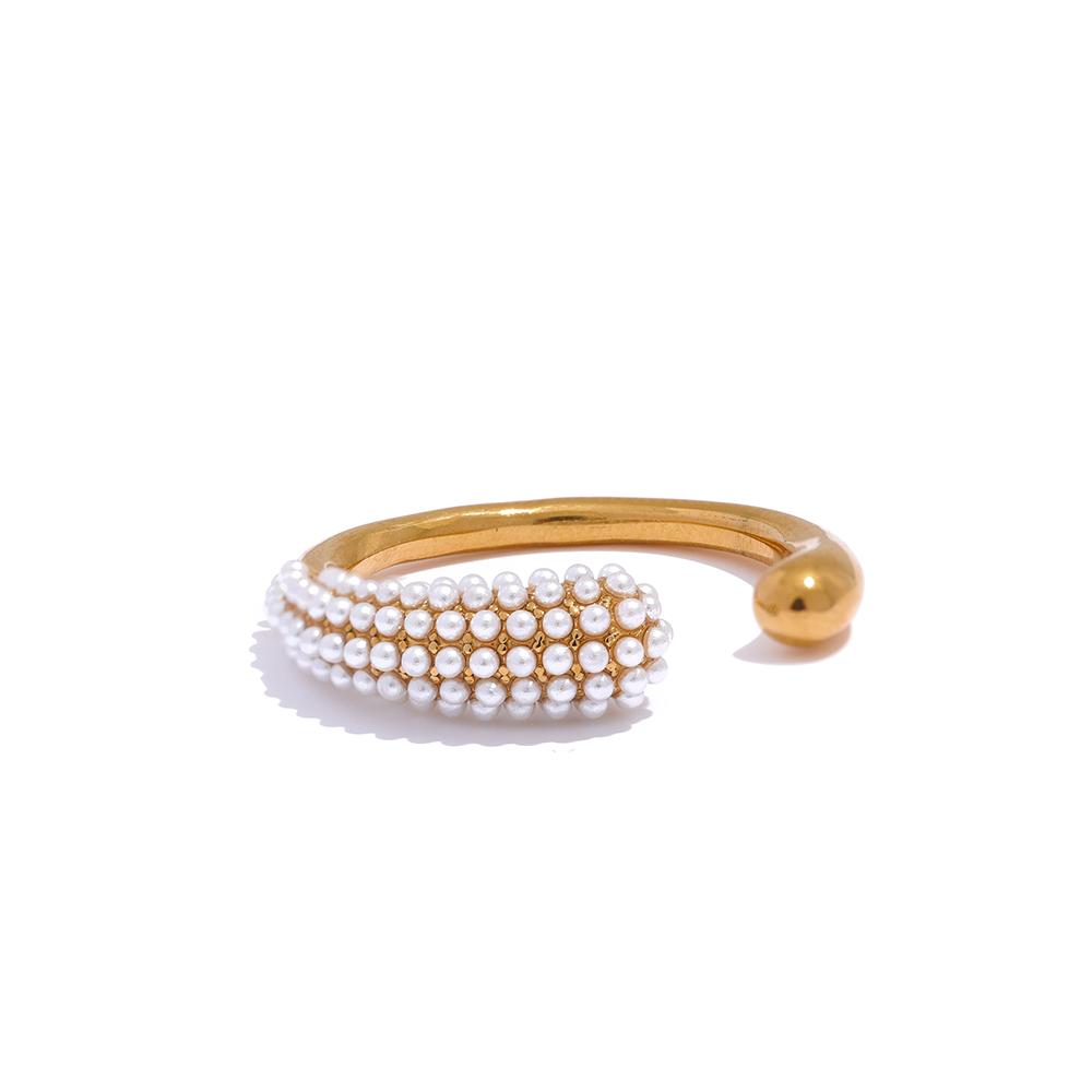 

Yhpup Elegant Imitation Pearls Golden Stainless Steel Open Fashion Ring for Women Exquisite Chic Finger Jewelry Bijoux Femme 7