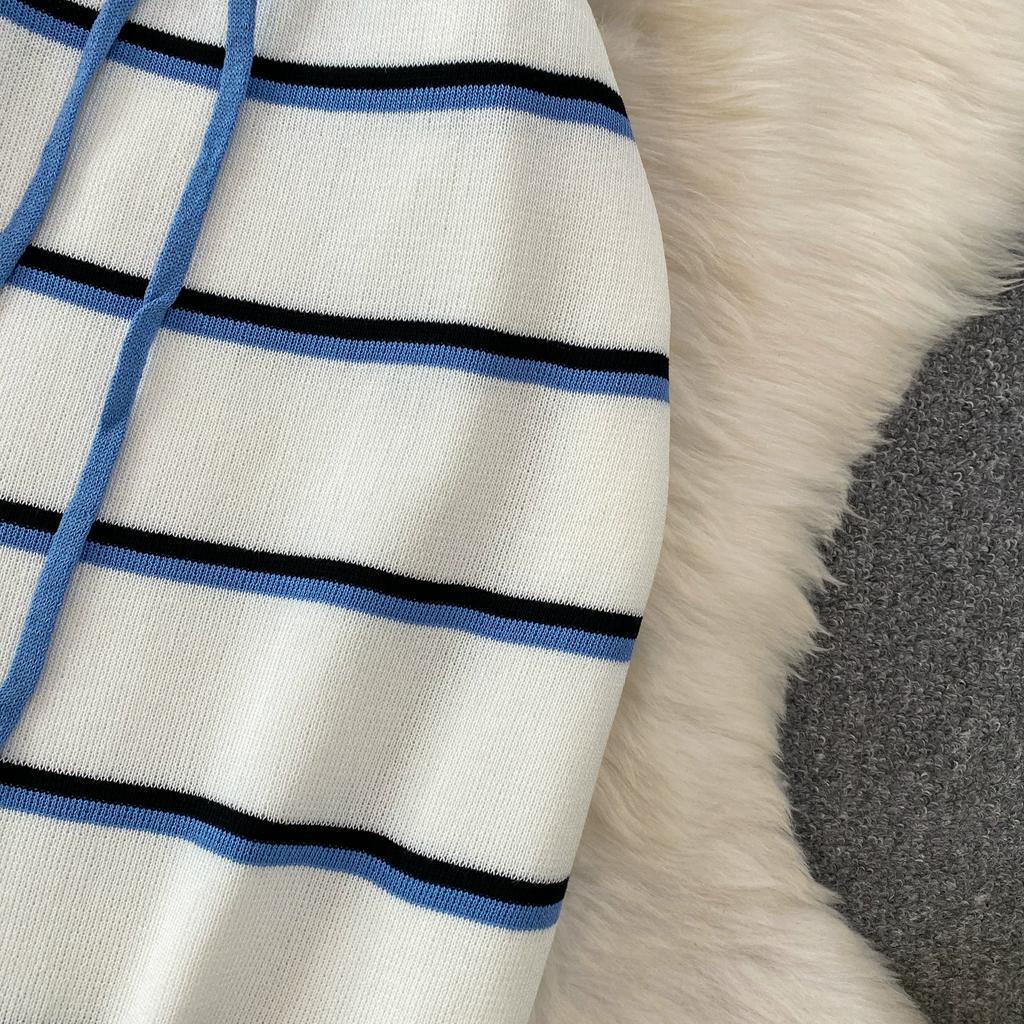 Casual Striped Crew-Neck Sleeveless Knit Top and High-Waisted Slimming Bodycon Midi Skirt Sets Summer Knitted Two Piece Sets for Women
