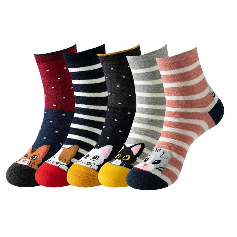 5 Pairs Fun Kitten Cotton Socks Gift Cute Cat Socks Women Cartoon Animal Crew Socks Colorful Casual Sock Set