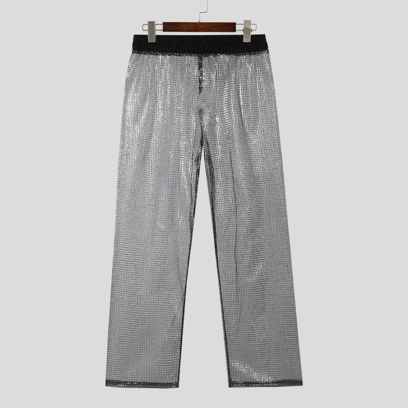 

INCERUN Чоловічі прозорі блискучі довгі ажурні штани з еластичною талією L чорний