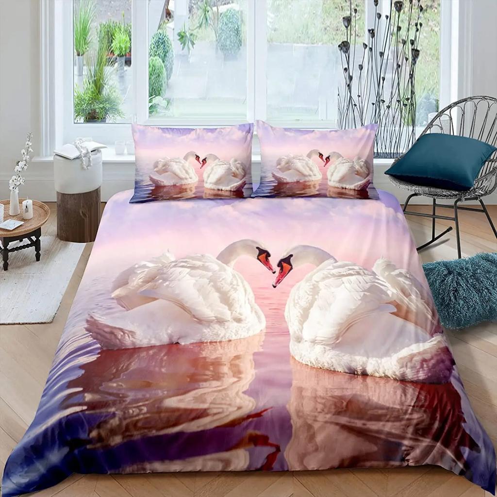 Swan Duvet Cover Black And White Swan Duvet Cover Queen Bird Comforter Cover Microfiber Romantic Flower Wild Animals Quilt Cover