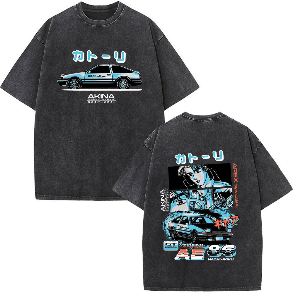 Anime Initial D Drift AE86 Washed Vintage Print T-shirt RX-7 R34 Skyline GTR JDM T-shirts Men's Harajuku Cozy Oversized T Shirts