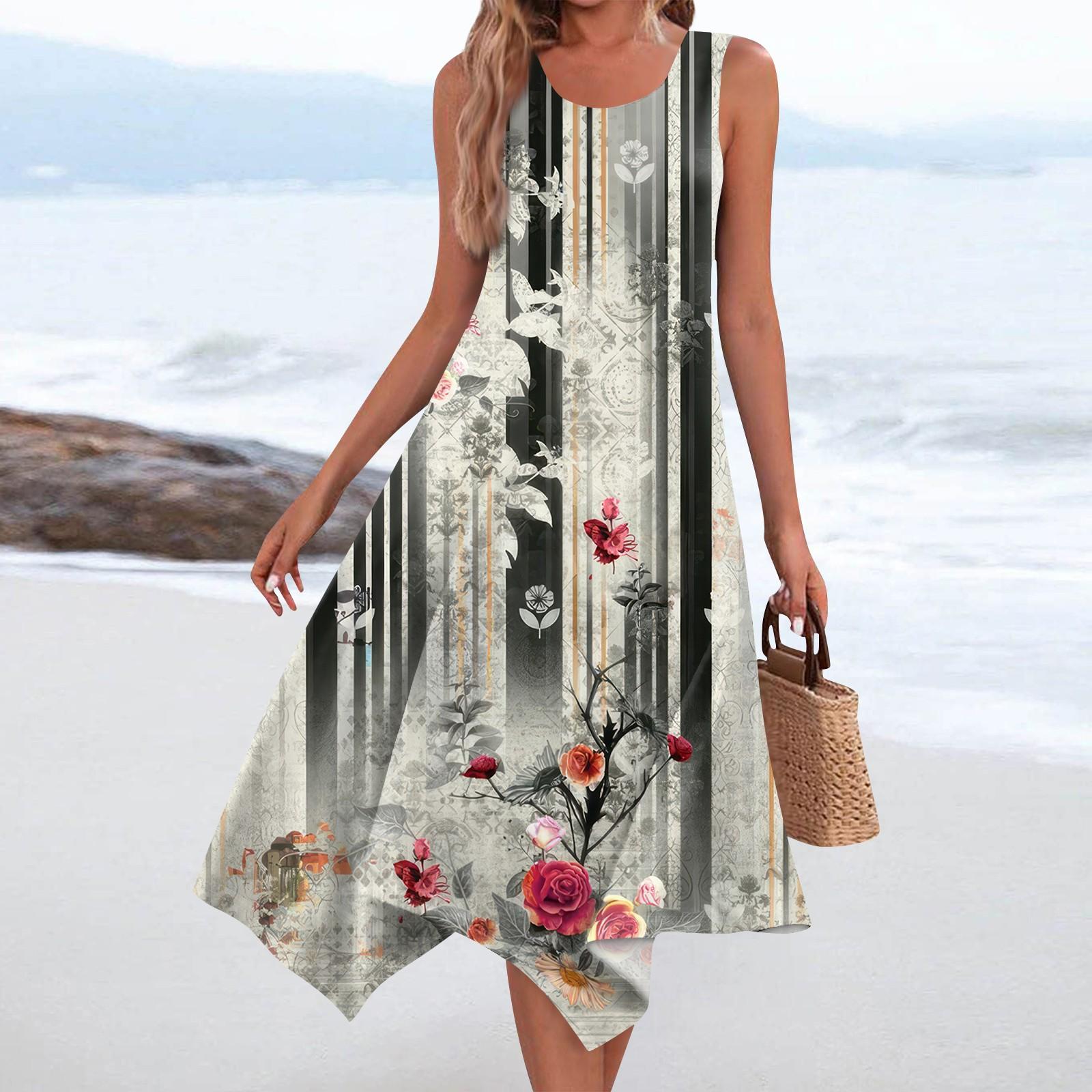 

Женское повседневное модное платье миди без рукавов с круглым вырезом и цветочным принтом, нерегулярный подол XXL