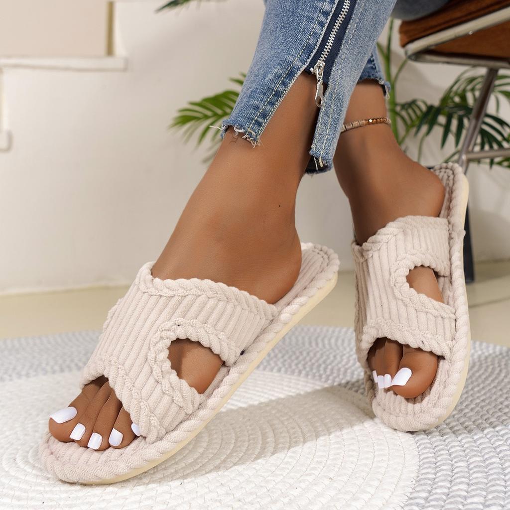 Fashion Solid Striped Women's Cotton Fabric Slippers Indoor Cross Strap Open Toe Flat Flip Flops Autumn Lightweight Comfort Slides