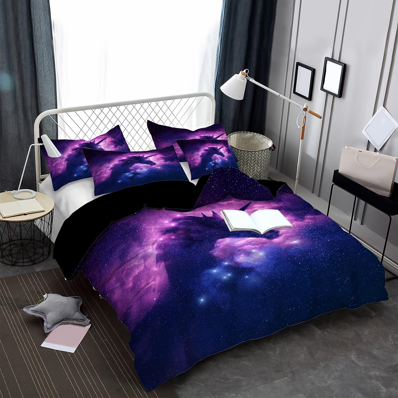 

Soft Purple Night Sky Unicorn Duvet Cover Set - Polyester, Starry for galaxy Design with Sparkling Stars & Clouds, All-Season Duvet Cover Set&EU Single(135x200cm)