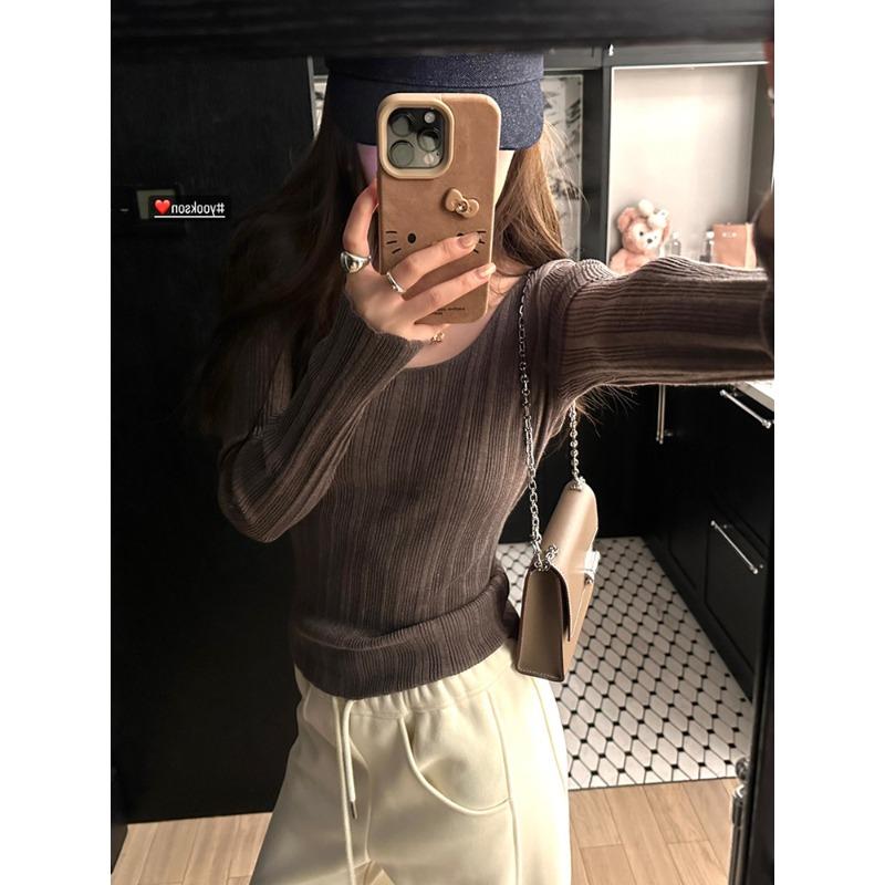 

Простой темперамент Приталенный свитер с горловиной вязаный топ женская одежда для ранней осени облегающая и тонкая внутренняя основа рубашка с длинным рукавом average size [recommended 80-60kg] коричневый