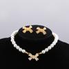 3 Pcs Set Bow Pendant Pearl Necklace Earrings Stud Set for Women Luxury Beaded Necklace Bridal Party Jewelry Set Gifts Korean