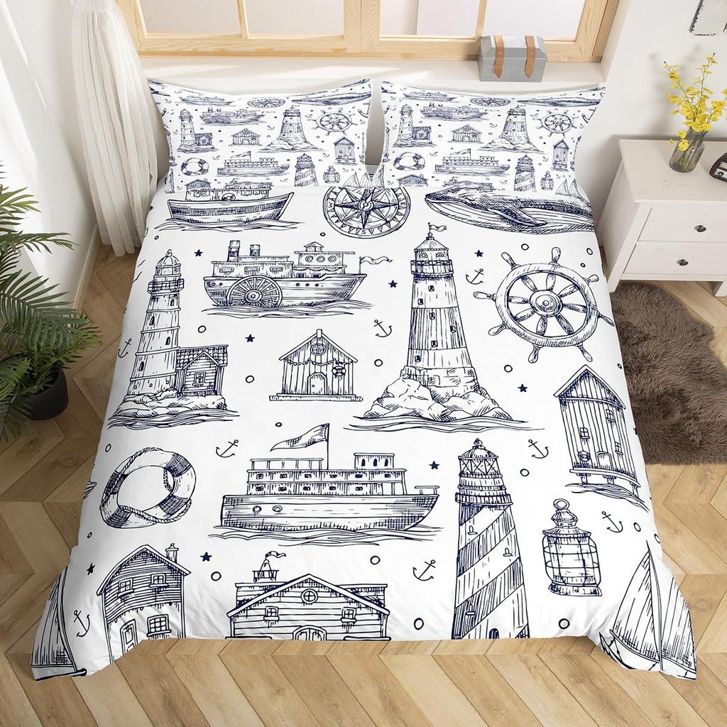 Coastal Duvet Cover Set Twin Queen Nautical Beach Bedding Set For Young Child Cartoon Starfish Seaweed Seashell Comforter Cover